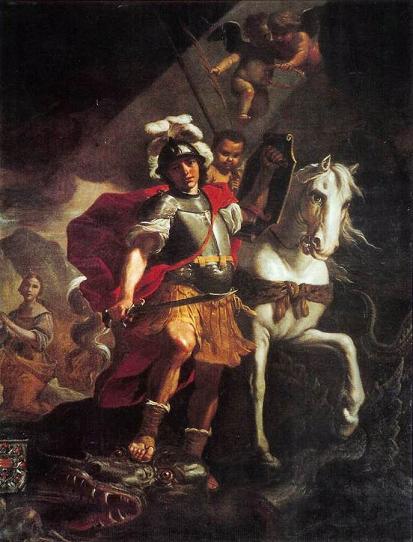 San Jorge, en una representación a pie, descendido del caballo, en Gozo (Malta).
