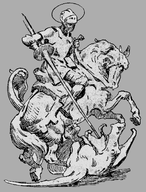 San Jorge, en una representación a caballo. En ilustración en blanco y negro. 08