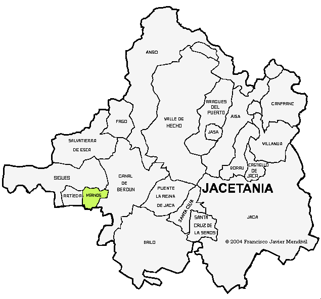 Map municipality Mianos in the Comarca de la Jacetania