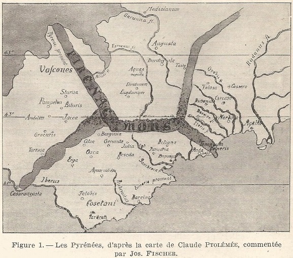 Figure 1. Les Pyrénées, d'apres la carte de Claude Ptolémée, commentée par Jos. Fischer. 6m